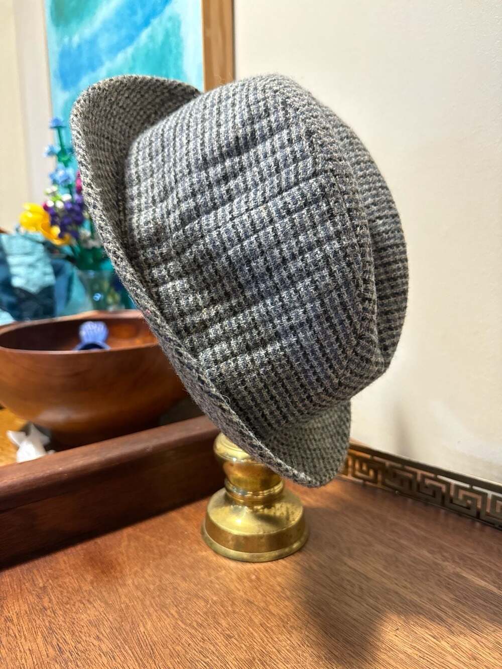 Vintage Lanning Grey Check Tweed Fedora Wool Blend Hat Size Large